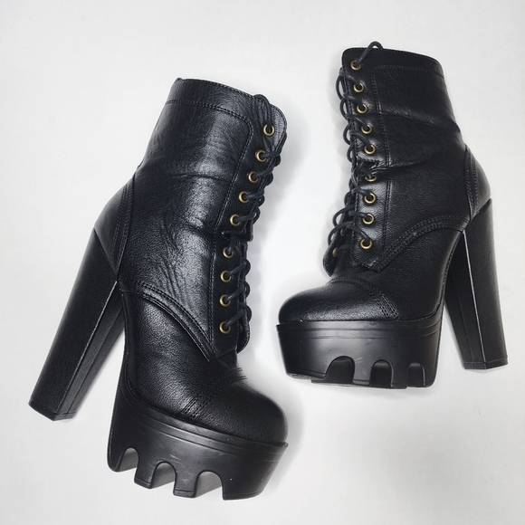 Platform Heel Lace Up Boots Faux Leather Cosplay Combat Lug 8 - Picture 1 of 16